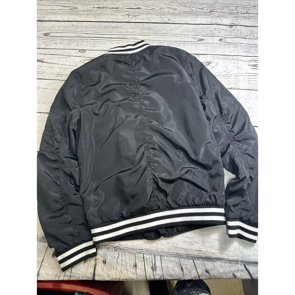 Charlotte Russe Womens Black Bomber Jacket Varsity Stripe Ruched Sleeve XS